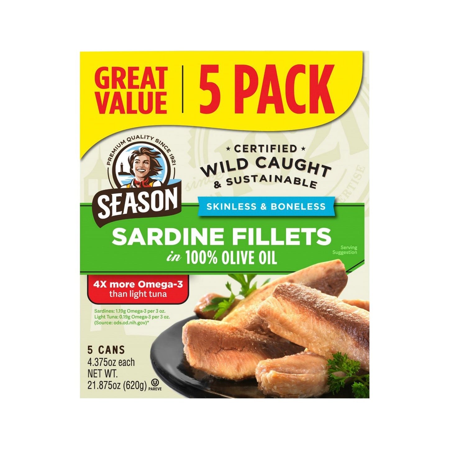 Season Brand Skinless and Boneless Imported Sardines in Olive Oil, 5 pk./3.7 oz.