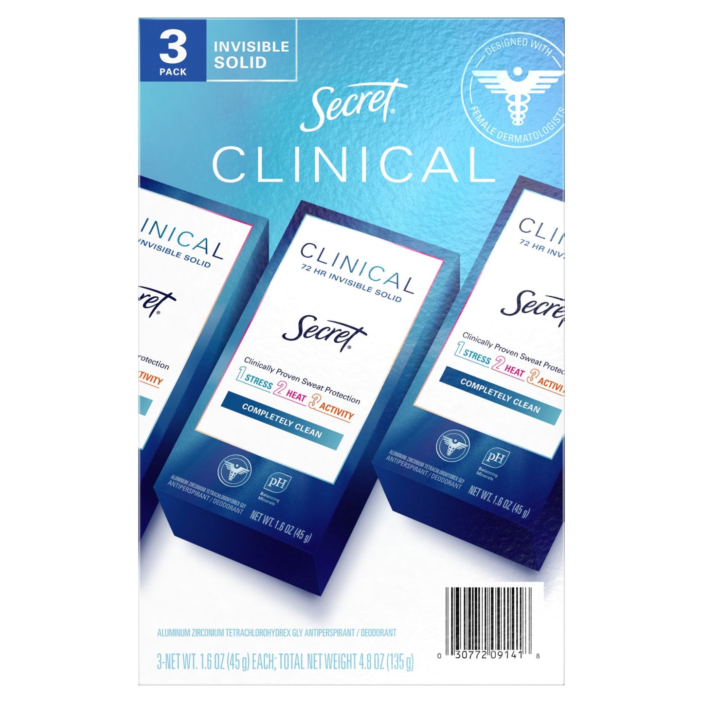 Secret Clinical Strength Invisible Solid Antiperspirant and Deodorant - Completely Clean, 3pk./1.6 oz.