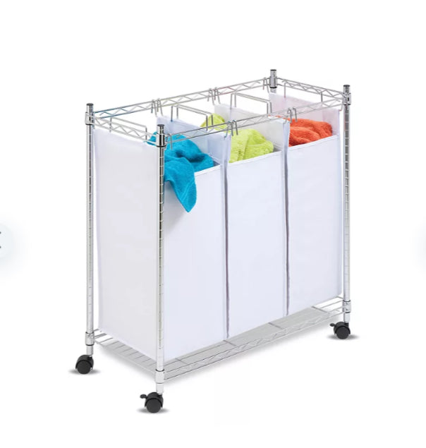 Honey-Can-Do White/Chrome Rolling Triple Sorter Hamper